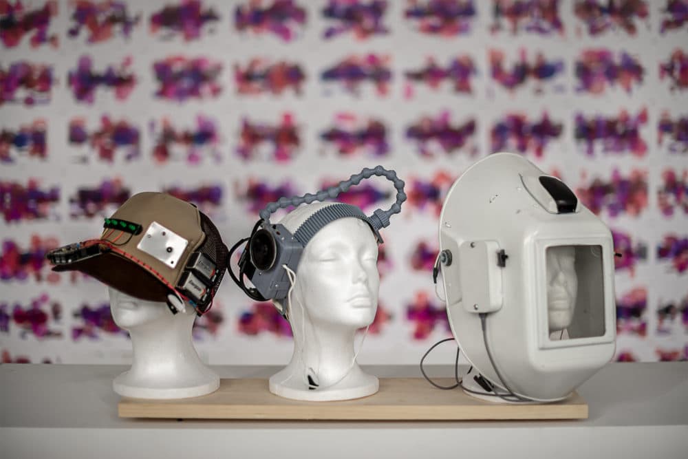 Left to right, Dennis Svoronos' 2019 sculptures “Brain Data Storage Cap,” “Melody Making Headpiece” and “Sheet Music Generating Helmet.” (Courtesy Rebecca Morrison)