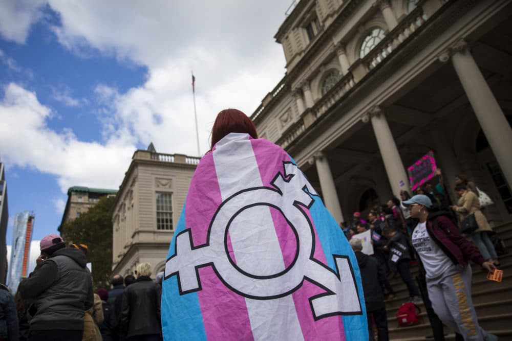 LGBTQ activists and their supporters rally in support of transgender people on the steps of New York City Hall. (Drew Angerer/Getty Images)