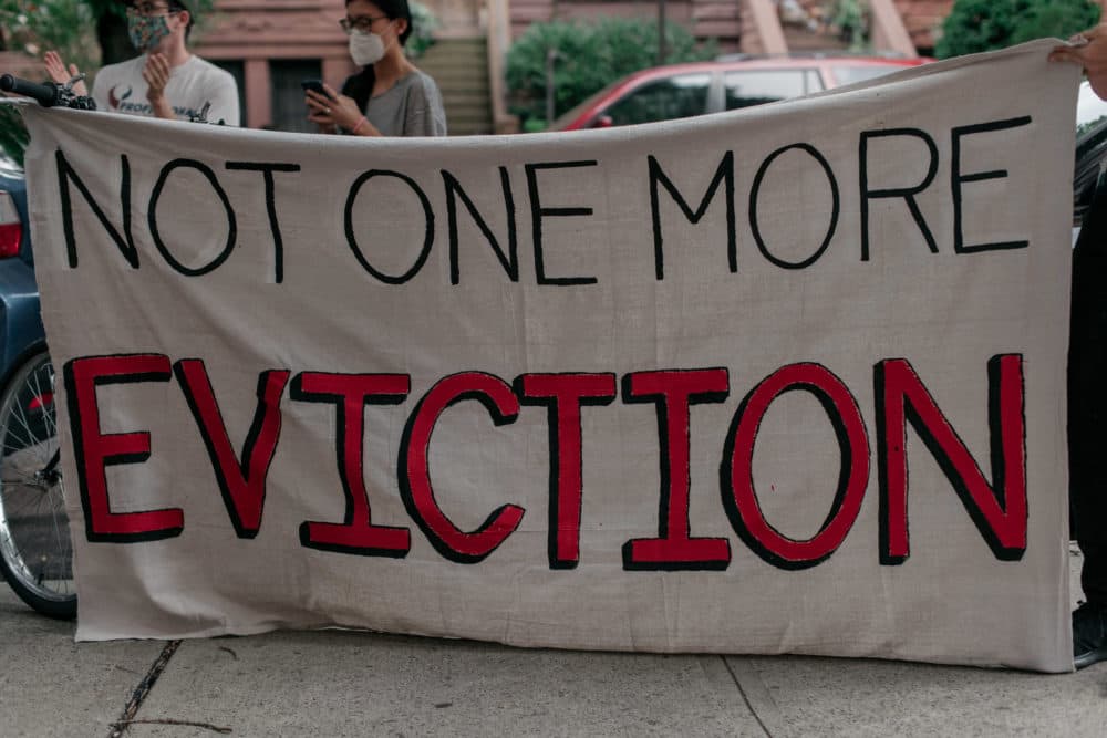 Housing activists gather to protest alleged tenant harassment by a landlord and call for cancellation of rent in the Crown Heights neighborhood on July 31, 2020 in Brooklyn, New York. (Scott Heins/Getty Images)