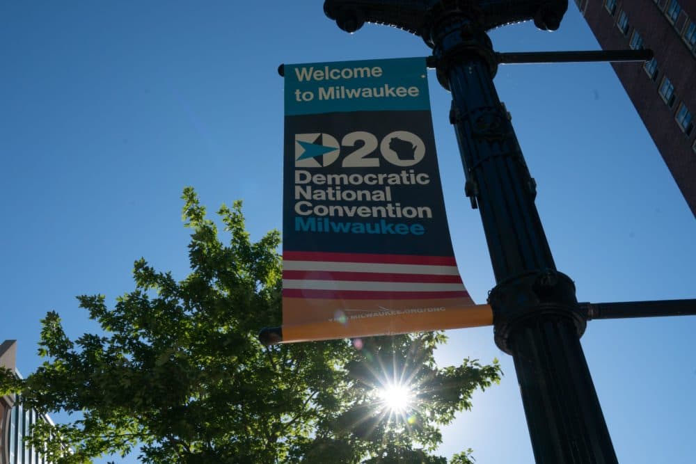 A sign advertises the convention at Wisconsin Center, home to the 2020 Democratic National Convention in Milwaukee on August 11, 2020. (Brian R. Smith/AFP via Getty Images)