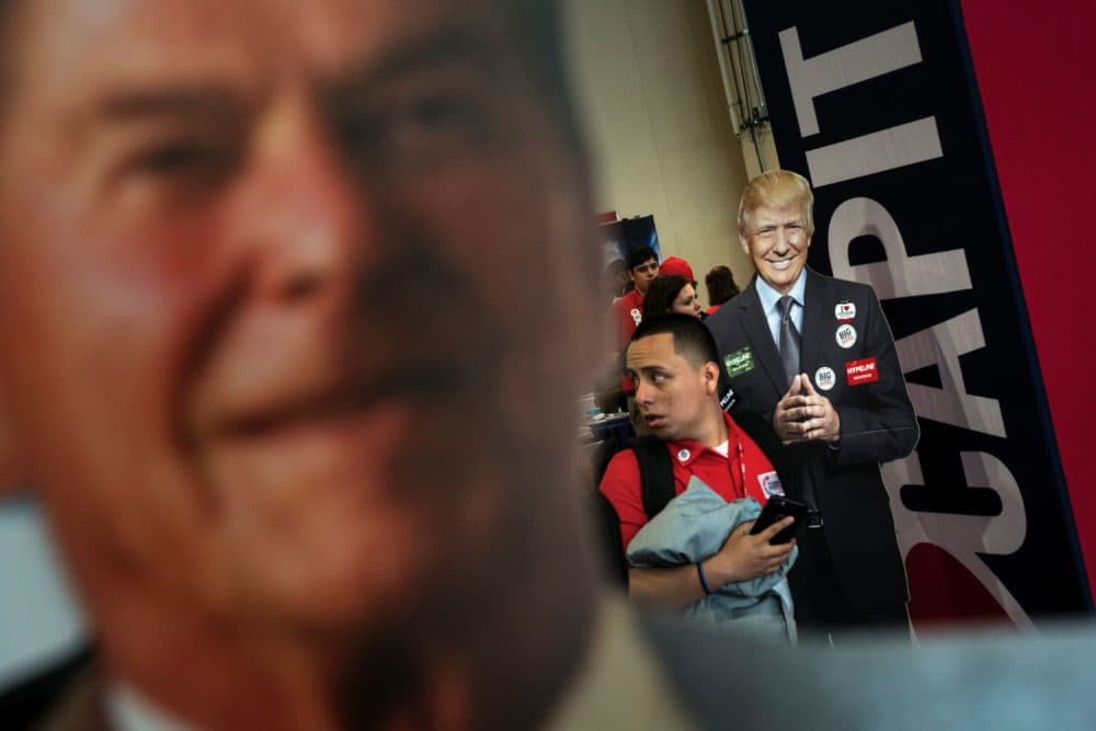 A cutout of Republican US president Donald Trump (R) and former US President Ronald Reagan (L) are seen during the American Conservative Union Conservative Political Action Conference 2016 at the Gaylord National Resort and Convention Center March 4, 2016, in Oxon Hill, Maryland.(Brendan Smialowski/AFP via Getty Images)
