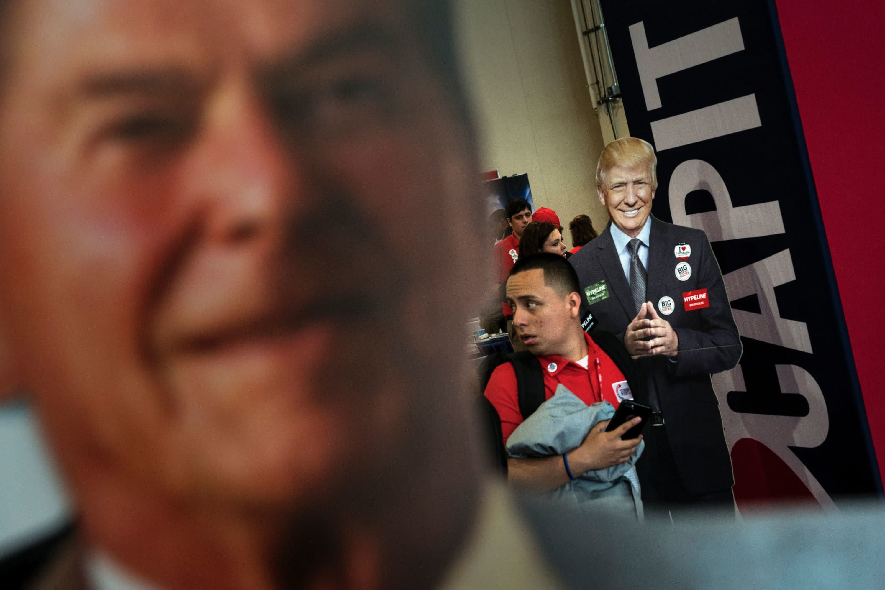 A cutout of Republican US president Donald Trump (R) and former US President Ronald Reagan (L) are seen during the American Conservative Union Conservative Political Action Conference 2016 at the Gaylord National Resort and Convention Center March 4, 2016, in Oxon Hill, Maryland.(Brendan Smialowski/AFP via Getty Images)