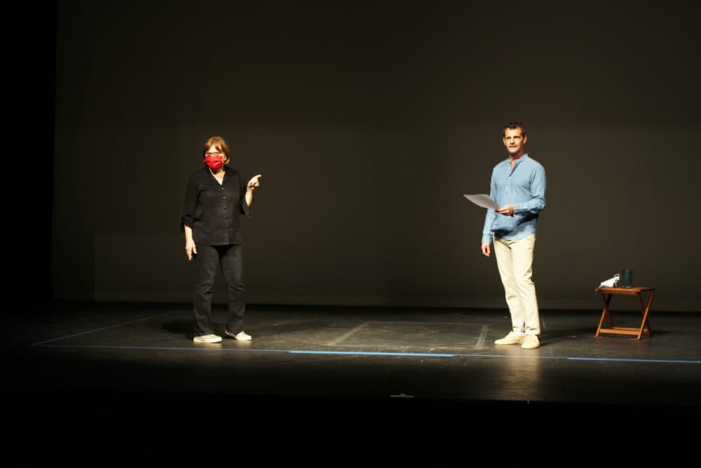 Barrington Stage Company artistic director Julianne Boyd (left) with Mark H. Dold during rehearsal for &quot;Harry Clarke.&quot; (Courtesy Barrington Stage Company)