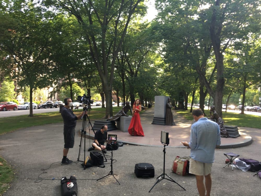 Boston Landmarks Orchestra records with Grace Kelly along the Boston Women's History Trail. (Courtesy Boston Landmarks Orchestra) 