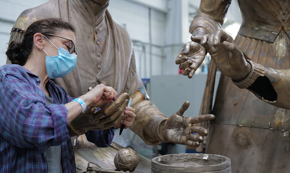 Sculptor Meredith Bergmann works on the first monument to honor women in Central Park. (Michael Bergmann)