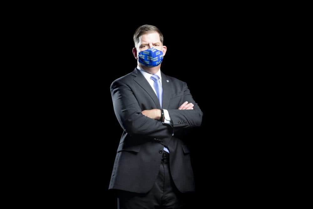 Artist Katherine Taylor photographed Mayor Walsh for her "Masks of Boston" series. She says similar portraits posted on social media by Walsh's office copy her work. (Courtesy Katherine Taylor)