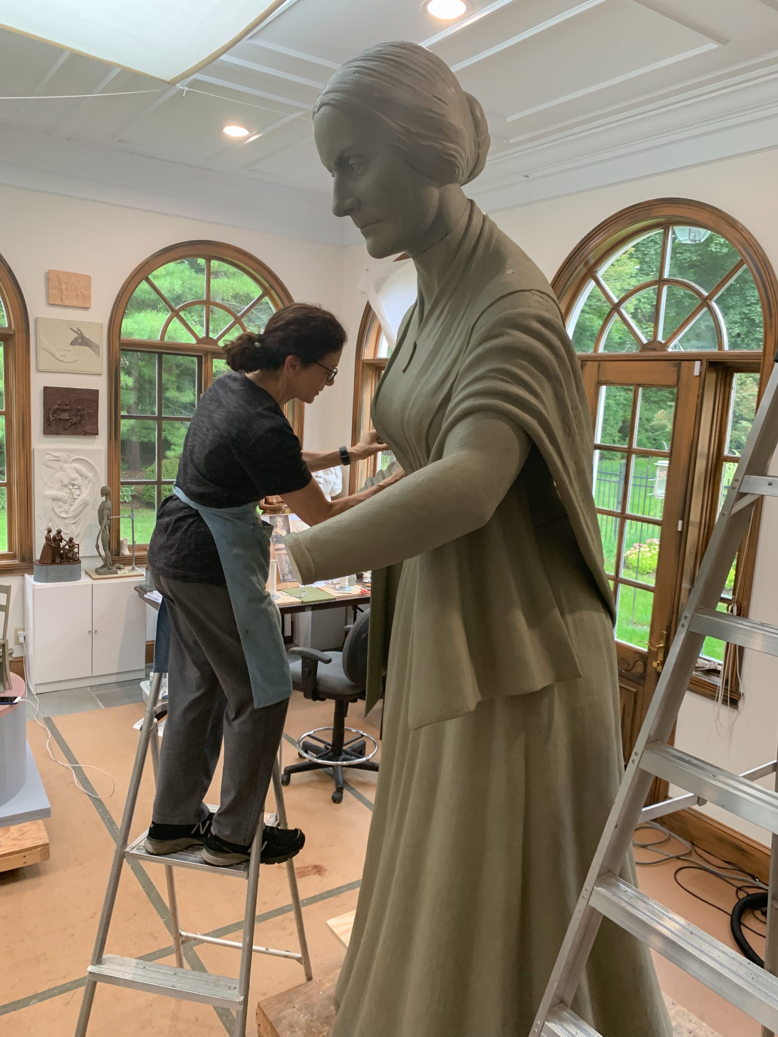 Sculptor Meredith Bergmann works on the first monument to honor women in Central Park. (Michael Bergmann)