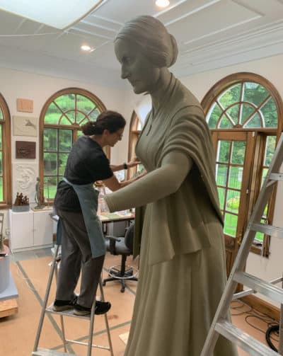 Sculptor Meredith Bergmann works on the first monument to honor women in Central Park. (Michael Bergmann)