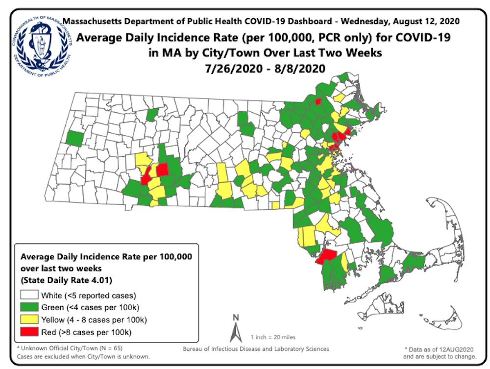 A map showing the coronavirus risk level of Mass. communities, according to the state's new metrics. (Courtesy Massachusetts Department of Public Health)