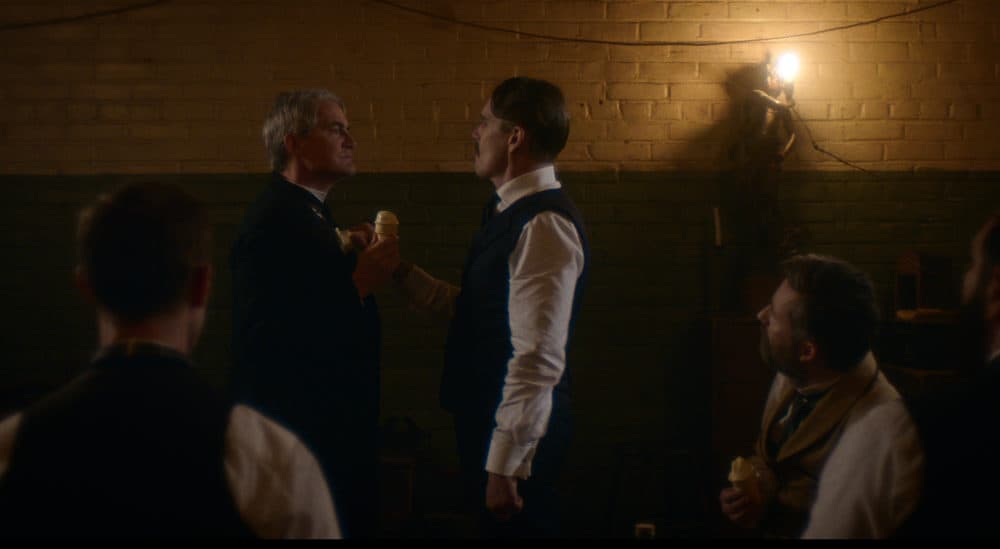 Kyle MacLachlan as Thomas Edison and Ethan Hawke as Nikola Tesla in Michael Almereyda’s “Tesla.” (Courtesy IFC Films)