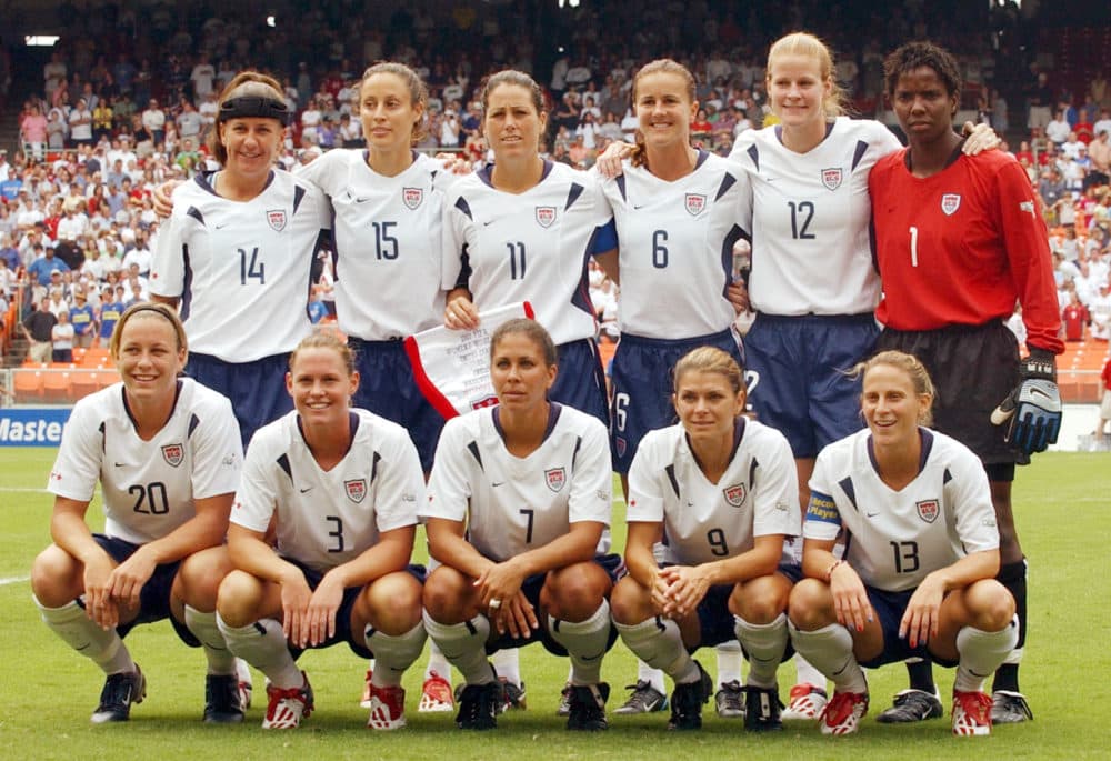 Mia Hamm (9) and Kristine Lilly (13) were teammates on the U.S. women's national since when they were teenagers. This in a team photo in 2003. (Susan Walsh/AP)