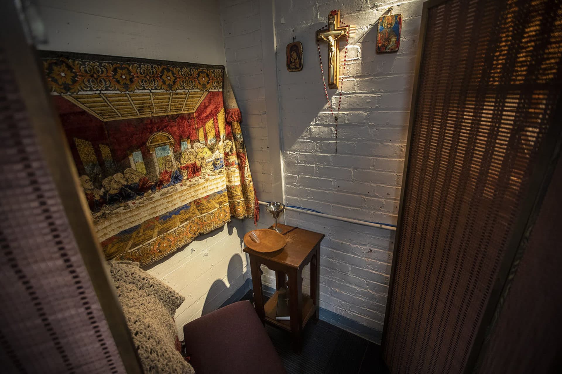 The prayer corner is the last holdover of the mission's chapel. (Jesse Costa/WBUR)