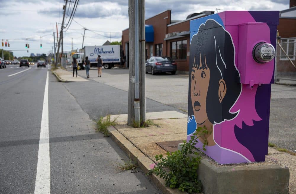 &quot;Your Voice Matters,&quot; painted on a utility box by artist Amanda Beard Garcia on Mystic Avenue in South Medford. (Robin Lubbock/WBUR)