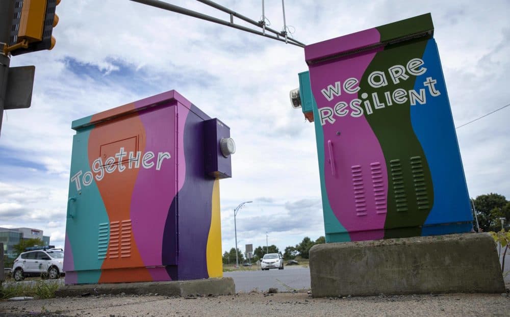 Amanda Beard Garcia's &quot;Together We Are Resilient&quot; on Mystic Avenue in South Medford. (Robin Lubbock/WBUR)