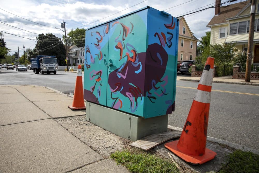 A West Medford electrical box on High Street, painted by the artist Destiny Palmer. (Robin Lubbock/WBUR)