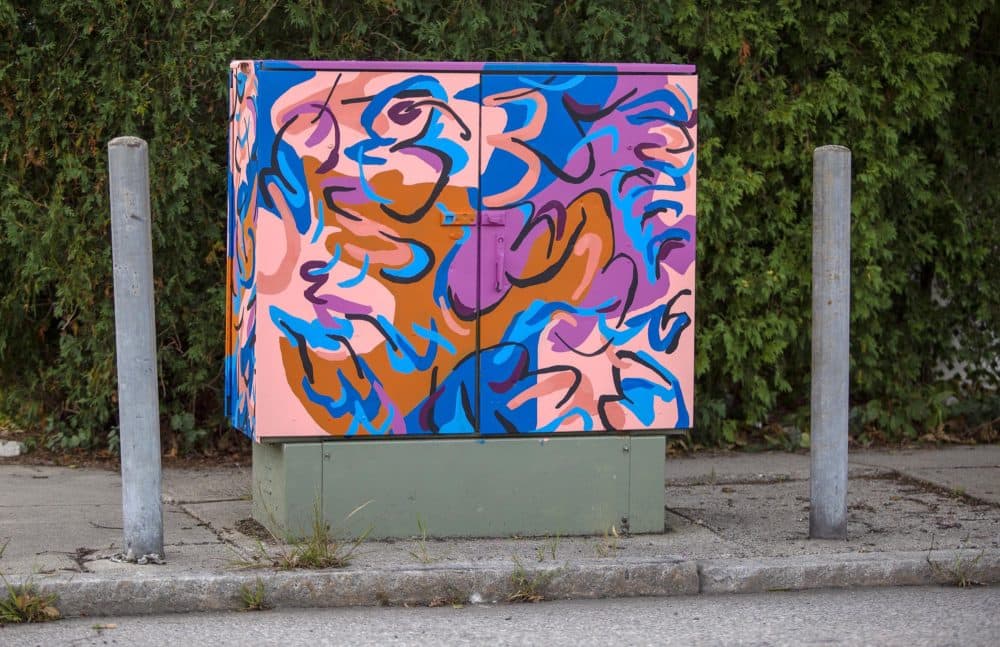A utility box on Boston Avenue in Medford, painted by the artist Destiny Palmer. (Robin Lubbock/WBUR)