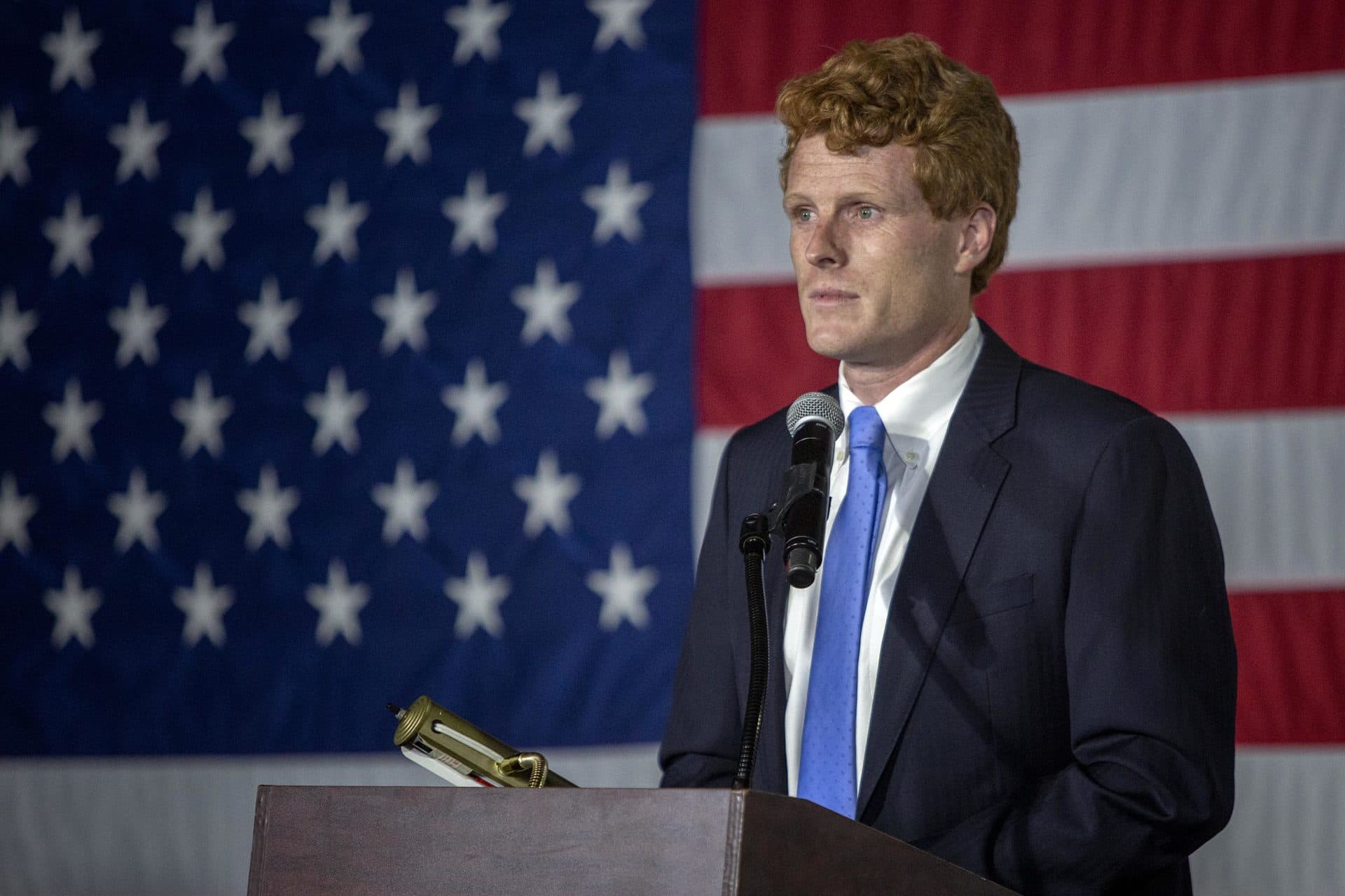 Rep. Joe Kennedy makes his concession speech to a gathering of his campaign staff outside their office in Watertown. He lost the Democratic primary to incumbent Sen. Ed Markey. (Robin Lubbock/WBUR)