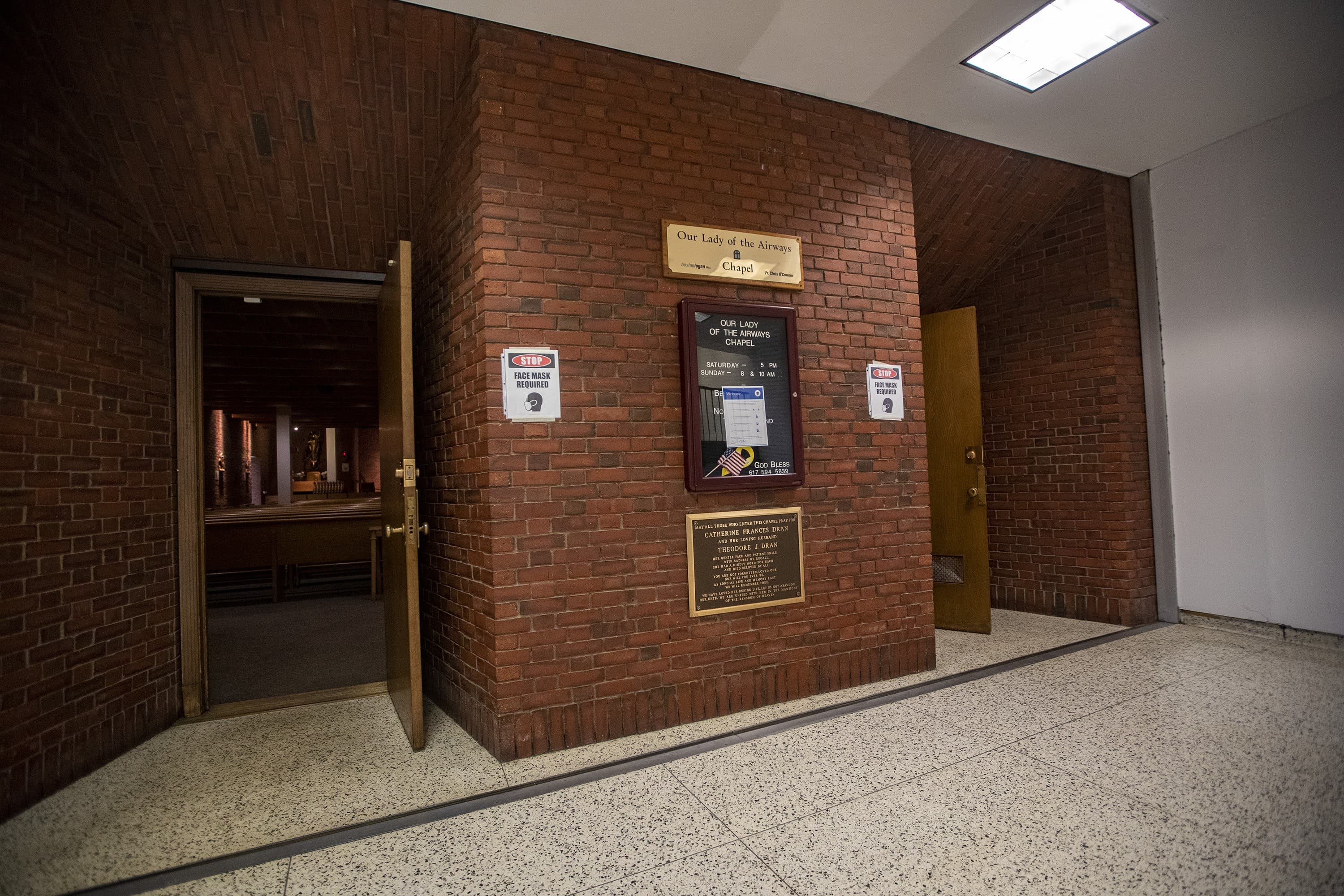 The front entrance of the Our Lady of the Airways chapel at Logan Airport, on baggage claim level between terminals B and C. (Jesse Costa/WBUR)