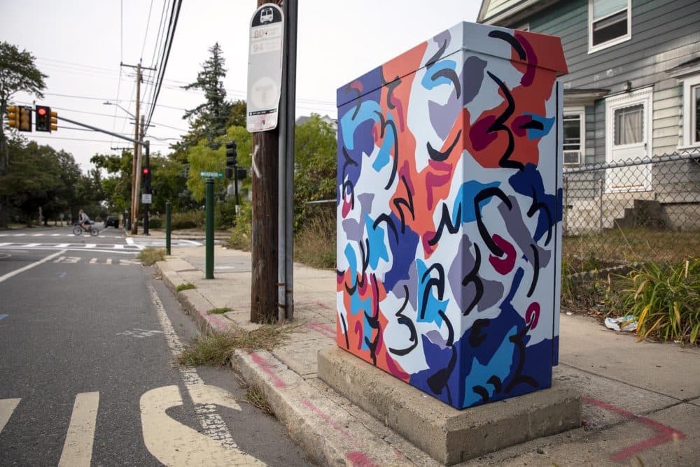 Artist Destiny Palmer's utility box on Boston Avenue, Medford, near Harvard Avenue. (Robin Lubbock/WBUR)