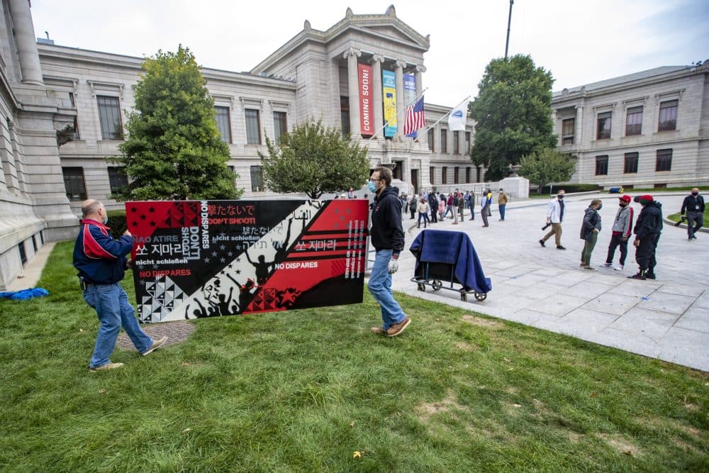 Sophia Dawson, one of the artists behind the mural hopes it will be an invitation to previously marginalized communities of color to feel welcome at institutions like the MFA. (Jesse Costa/WBUR)