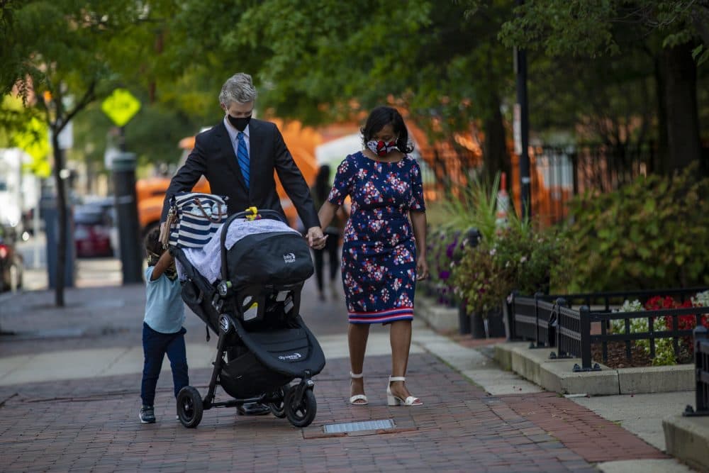 City Councillor Andrea Campbell arrives with her family at the Grant Manor Apartments in Roxbury to announce her candidacy for mayor of Boston. (Jesse Costa/WBUR)