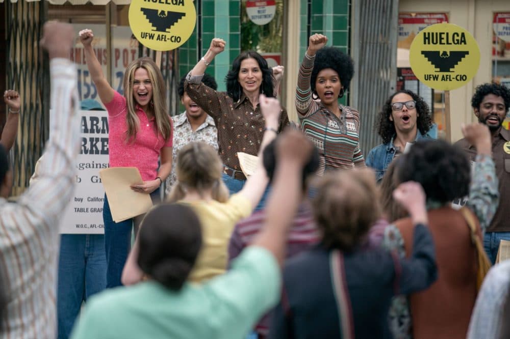 Left to right: Alicia Vikander as Gloria Steinem, Monica Sanchez as Dolores Huerta and Janelle Monáe as Dorothy Pitman Hughes in “The Glorias.” (Courtesy Dan McFadden/LD Entertainment and Roadside Attractions)