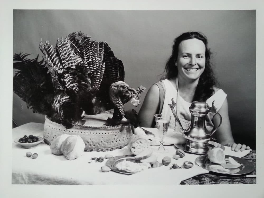 Paula Marcoux beside a turkey pie she baked while working at Plimoth Plantation. (Courtesy)