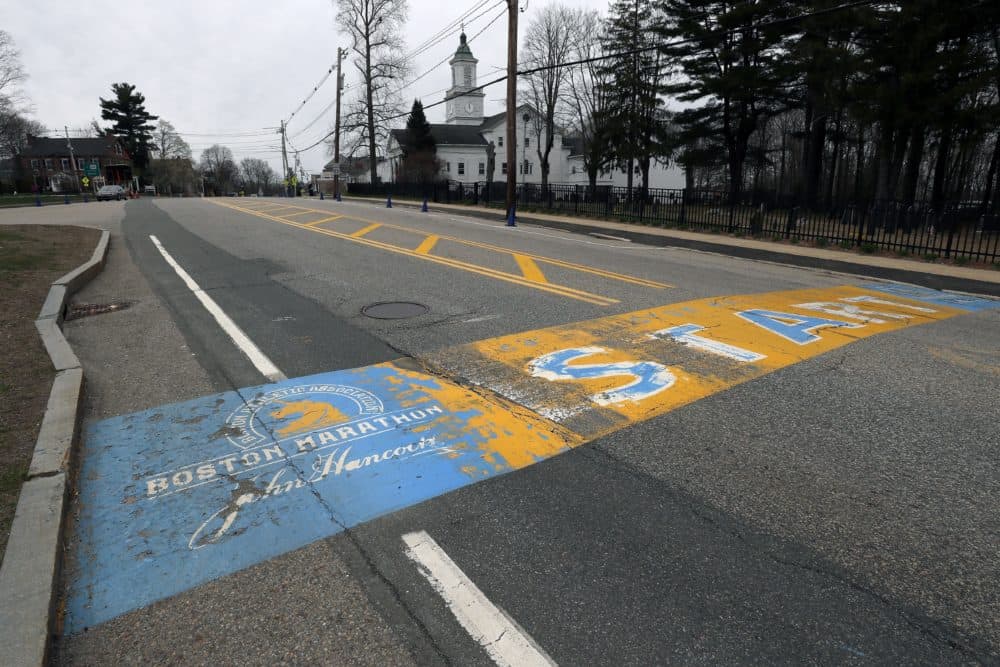 In this April 20, 2020 file photo, the Boston Marathon start line in Hopkinton, Mass., is vacant on the scheduled day of the 124th race, due to the COVID-19 virus outbreak. (Charles Krupa/AP)