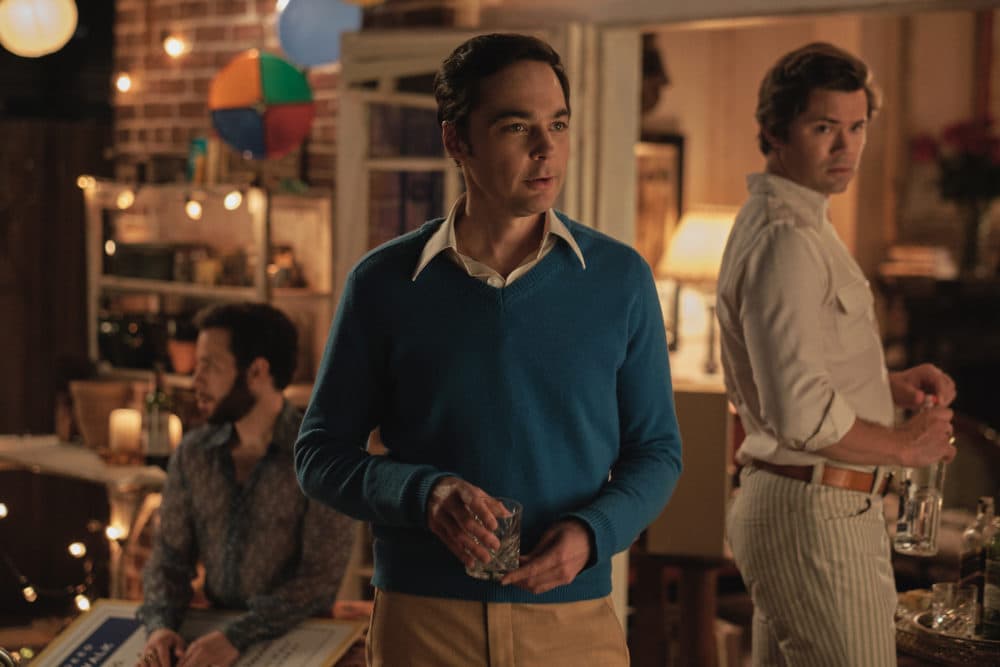 Robin de Jesús as Emory, Jim Parsons as Michael and Andrew Rannells as Larry in &quot;The Boys in the Band.&quot; (Scott Everett White/Netflix)