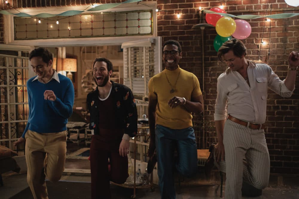 Jim Parsons as Michael, Robin De Jesus as Emory, Michael Benjamin Washington as Bernard and Andrew Rannells as Larry in &quot;The Boys in the Band.&quot; (Scott Everett White/Netflix)