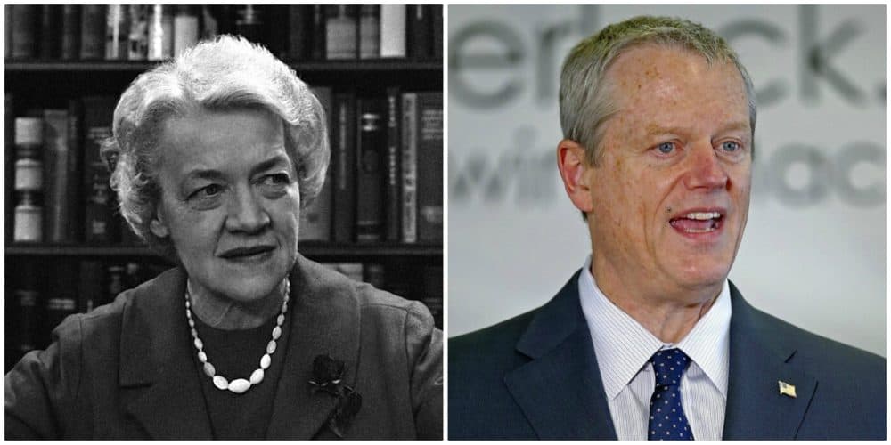 Senator Margaret Chase Smith (R-Maine) in Washington in March 1964, left. (AP file photo) Governor Charlie Baker on May 5, 2020 speaks during a news conference in Fall River, Mass., right. (Stuart Cahill/Boston Herald via AP, Pool)