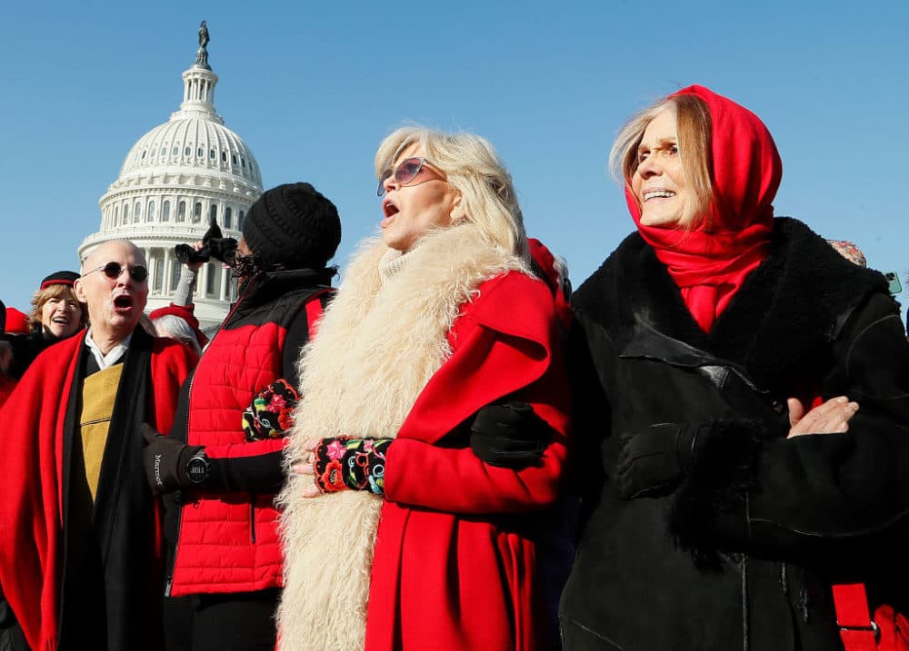 Actress and activist Jane Fonda (center) and Gloria Steinem (right) march during the &quot;Fire Drill Fridays&quot; climate change protest and rally on Capital Hill on December 20, 2019, in Washington, D.C. (Paul Morigi/Getty Images)