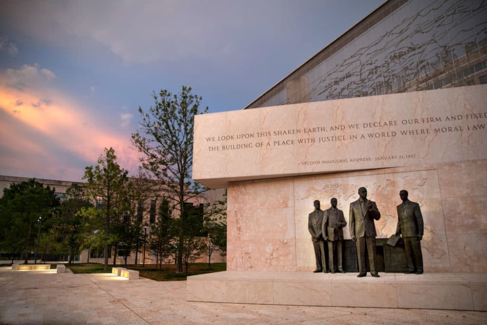 The new Dwight D. Eisenhower Memorial designed by world-renowned architect Frank Gehry. The memorial encapsulates Eisenhower's legacy in a four-acre urban park at the base of Capitol Hill featuring a stainless steel tapestry depicting beaches of D-Day, heroic-sized bronze sculptures, and stone bas reliefs. (Evelyn Hockstein/For The Washington Post via Getty Images)