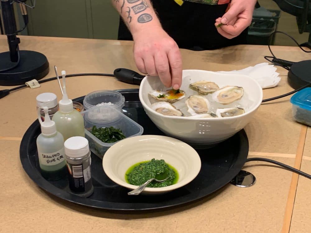 Michelin-star chef and author JP McMahon's oysters, seaweed, and pesto. (Zoe Mitchell/WBUR)