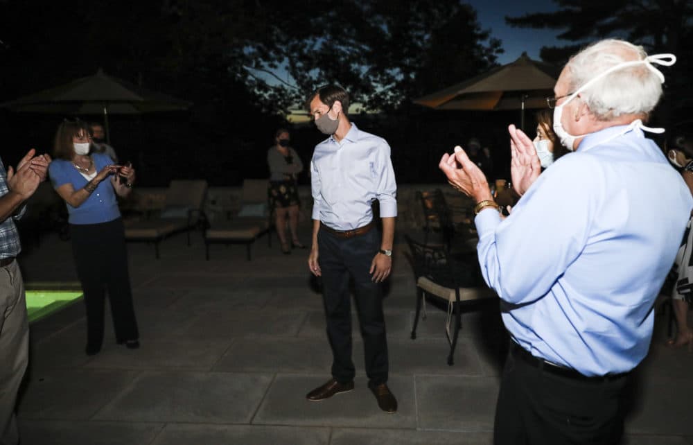 Democratic Candidate for Congress in MA Jake Auchincloss was applauded by friends and family as the polls closed at 8pm in Newton, MA during the final hours of the MA state primary on Sept. 1, 2020. (Photo by Erin Clark/The Boston Globe via Getty Images)