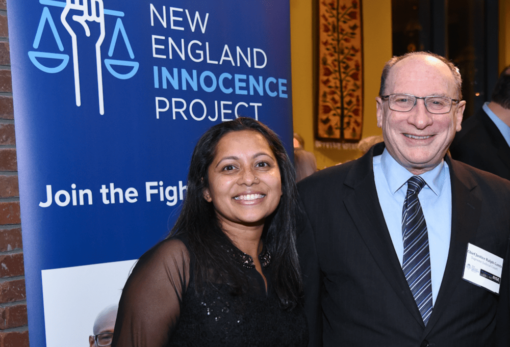 The author, Radha Natarajan, and SJC Chief Justice Ralph Gants at the New England Innocence Project's fundraiser, December 2019. (Courtesy of NEIP)