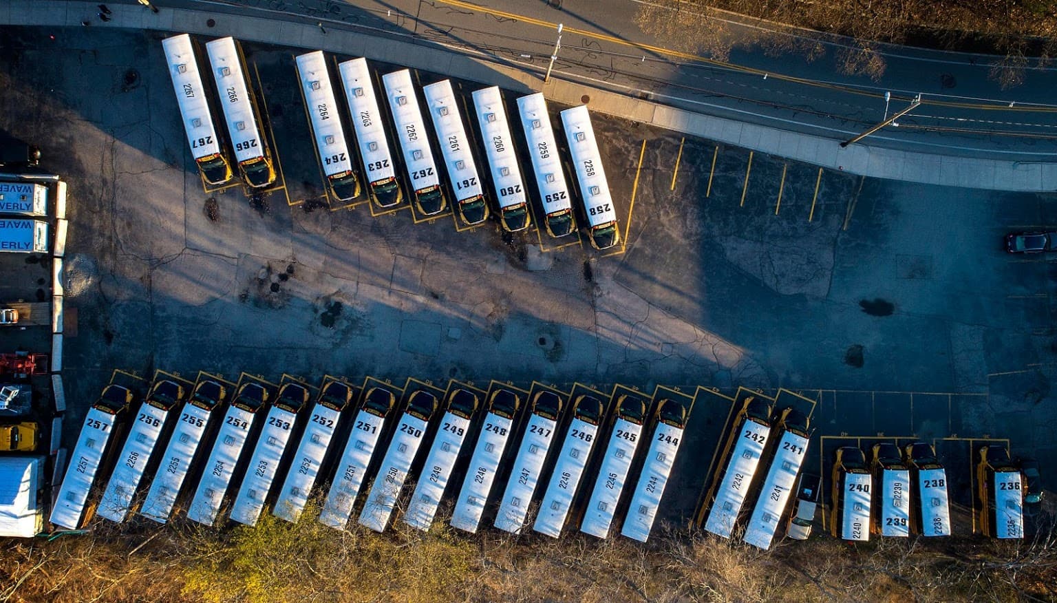 School buses parked on Pleasant Street in Belmont, Mass. on what would have been a school day in April 2020. (Robin Lubbock/WBUR)