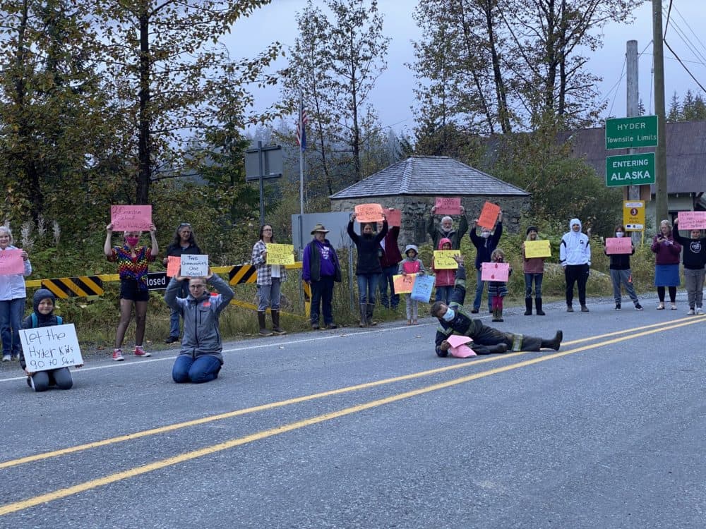 Residents of Hyder and Stewart at a Sept. 19 rally at the border. They want to create a &quot;Bear Bubble&quot; — a shared quarantine area for residents living in both communities. (Carly Ackerman)