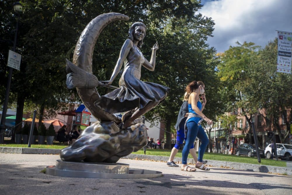 One of the most popular attractions for tourists in Salem during October is the famous Samantha statue, which was deserted on an afternoon early this month. (Jesse Costa/WBUR)