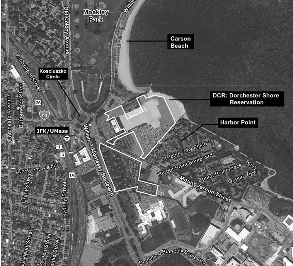 A map shows the two large parcels that comprise the Dorchester Bay City project outlined. (Courtesy Epsilon Associates, Inc. via Dorchester Reporter)