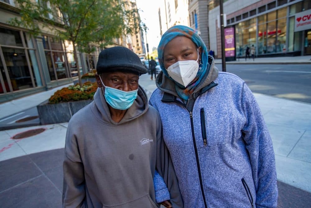 Mark Doctor and Ntyshall Moore near St. Francis House, where they receive services including assistance looking for permanent housing (Jesse Costa/WBUR)