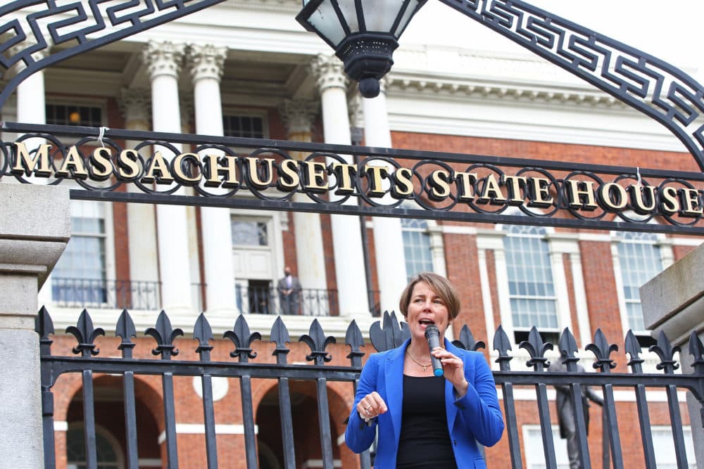 Attorney General Maura Healey as pictured at a rally in front of the State House on July 13, 2020. (Pat Greenhouse/The Boston Globe via Getty Images)