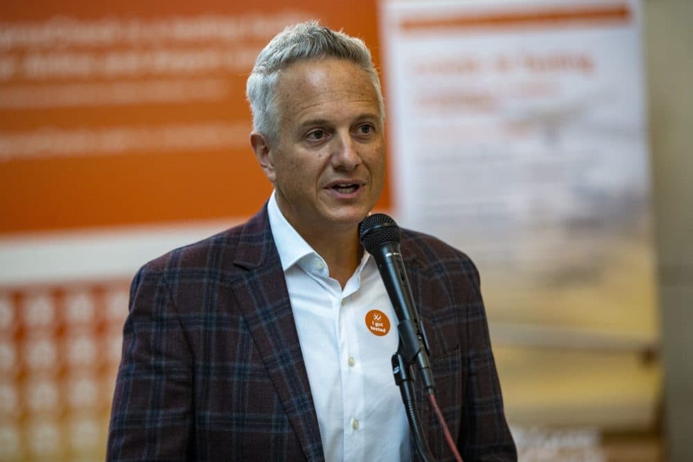 Doug Satzman, CEO of XpresSpa Group, explains the new COVID testing facility at Logan Airport on Wednesday morning. (Jesse Costa/WBUR)