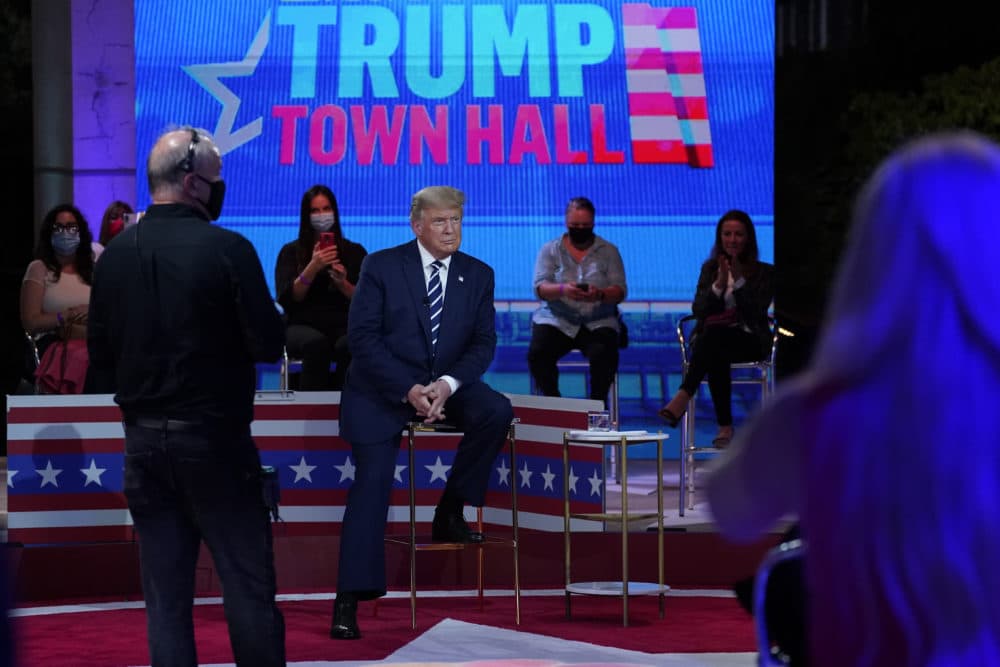 President Donald Trump sits during a break in an NBC News Town Hall, at Perez Art Museum Miami, Thursday, Oct. 15, 2020, in Miami. (Evan Vucci/AP)