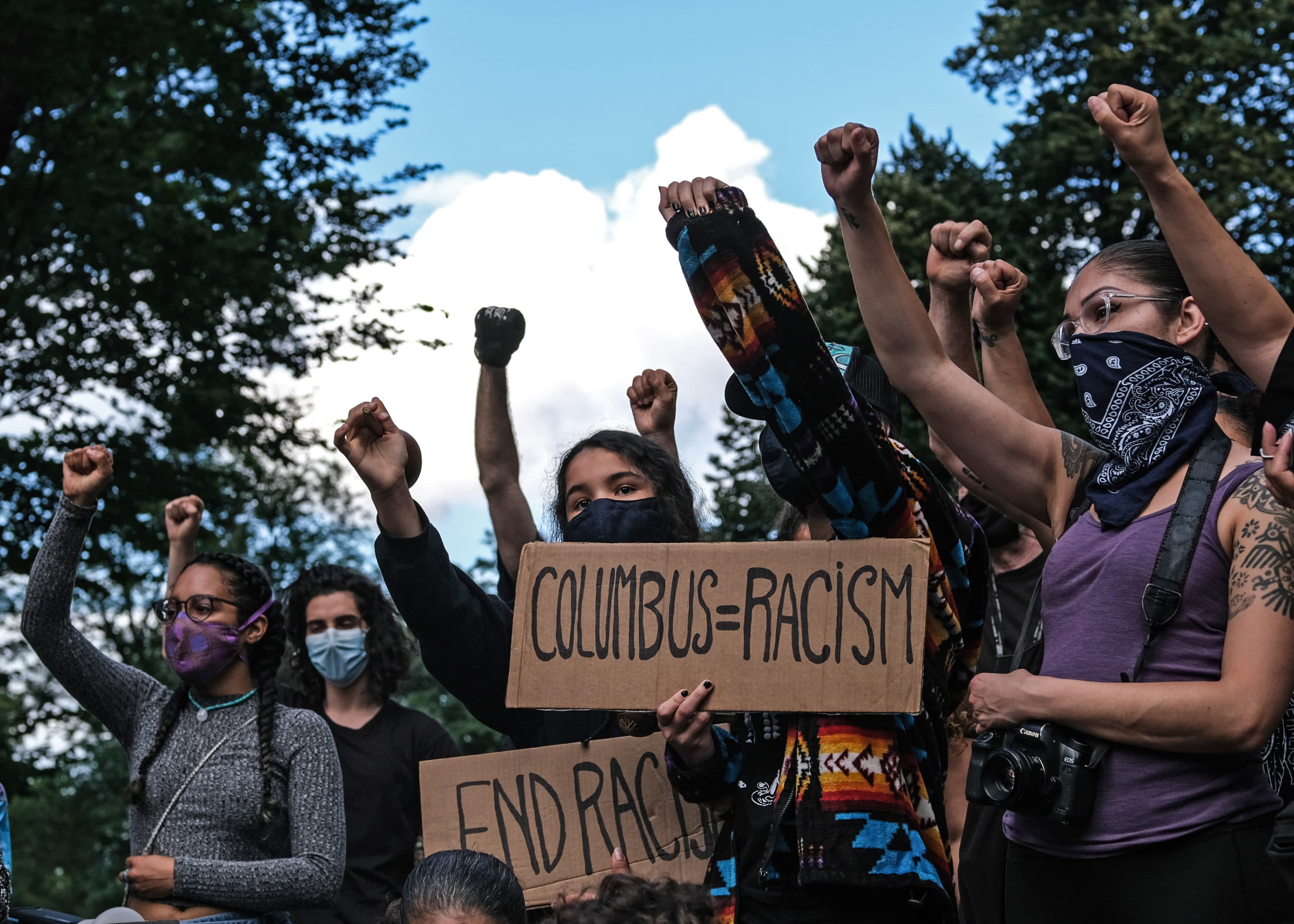 Members of the The Indigenous People's Day New York City Committee held a Circle of Belonging in Columbus Circle on June 30, 2020 in New York City. The group's long-term goal to remove the statue at Columbus Circle and change Columbus Day to Indigenous People's Day has been reignited by the protests against racism. (Byron Smith/Getty Images)