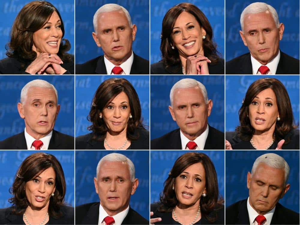 This combination of pictures created on October 7, 2020 shows Kamala Harris and Mike Pence during the vice presidential debate. (Robyn Beck and Eric Baradat/ AFP via Getty Images)