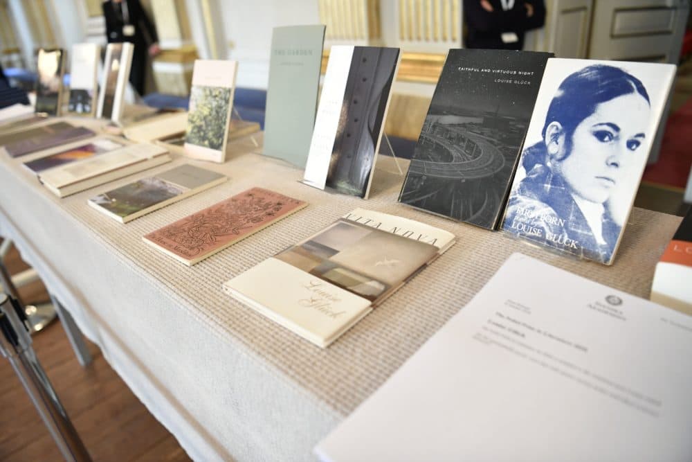 Louise Gluck's books are on display during the announcement of the 2020 Nobel Prize in literature at the Swedish Academy in Stockholm on Oct. 8, 2020. (Henrik Montgomery/TT News Agency/AFP via Getty Images)