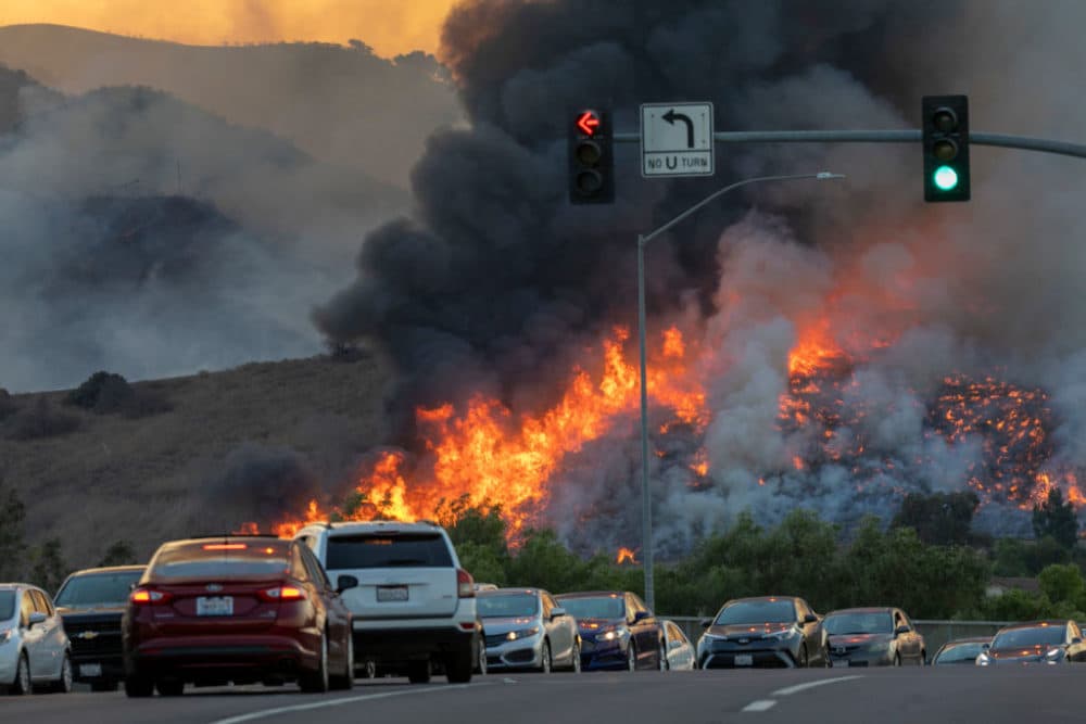 Traffic is diverted off of the 71 freeway during the Blue Ridge Fire on October 27, 2020 in Chino Hills, California. (David McNew/Getty Images)