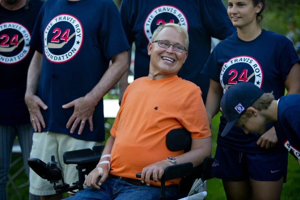 Travis Roy greets supporters at the Travis Roy Foundation Whiffle Ball Tournament held at Little Fenway, August 9, 2013. (Stan Grossfeld/The Boston Globe via Getty Images)