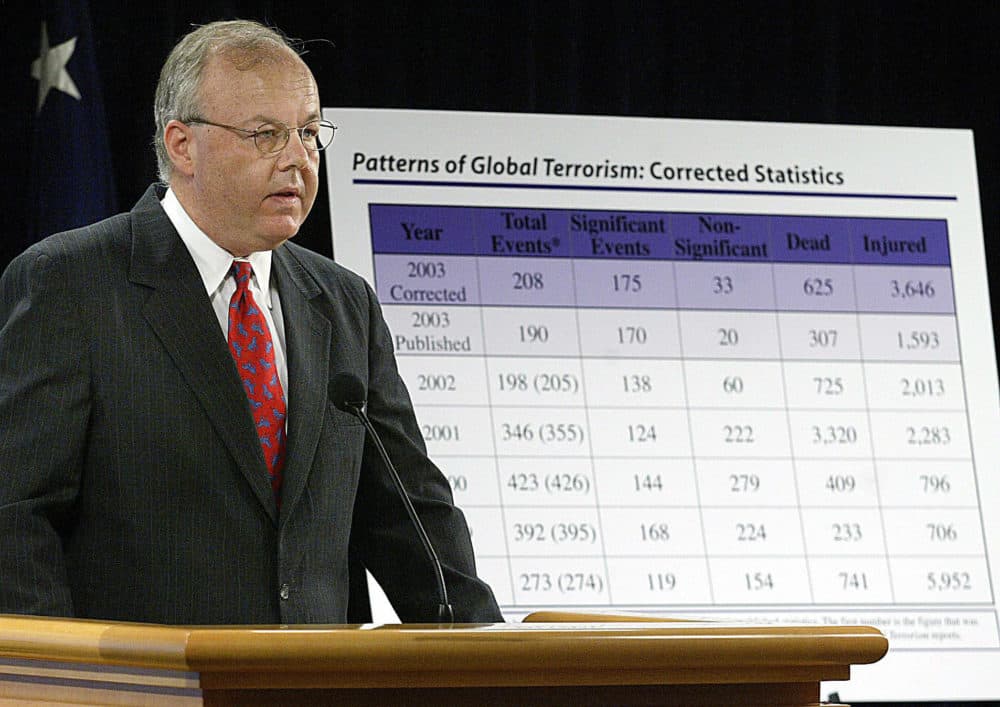 US Ambassador J. Cofer Black, Coordinator for Counterterrorism, speaks at a press conference on 22 June, 2004, about the corrected version of an inaccurate terrorism report issued by the US Government. The original annual &quot;Patterns of Global Terrorism&quot; report purposefully misstated, some have accused, the number of attacks in 2003 in an election-year effort to show that US President George W. Bush's hardline anti-terrorist policies were working. (Luke Frazza/AFP via Getty Images)